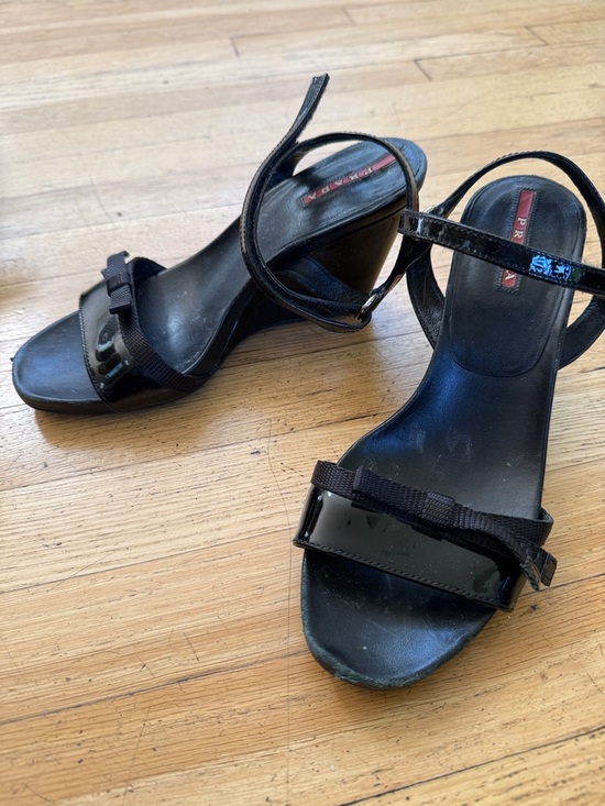 Prada Shoes - Prada Black Patent Leather Bow Ankle-Strap Sandals